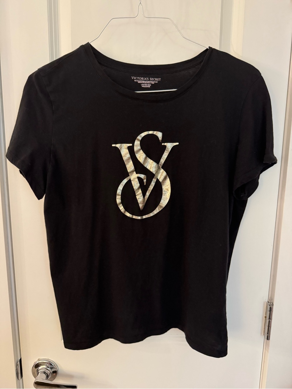 Victoria's Secret Black Short Sleeve Tee with Silver VS Logo, Size Large